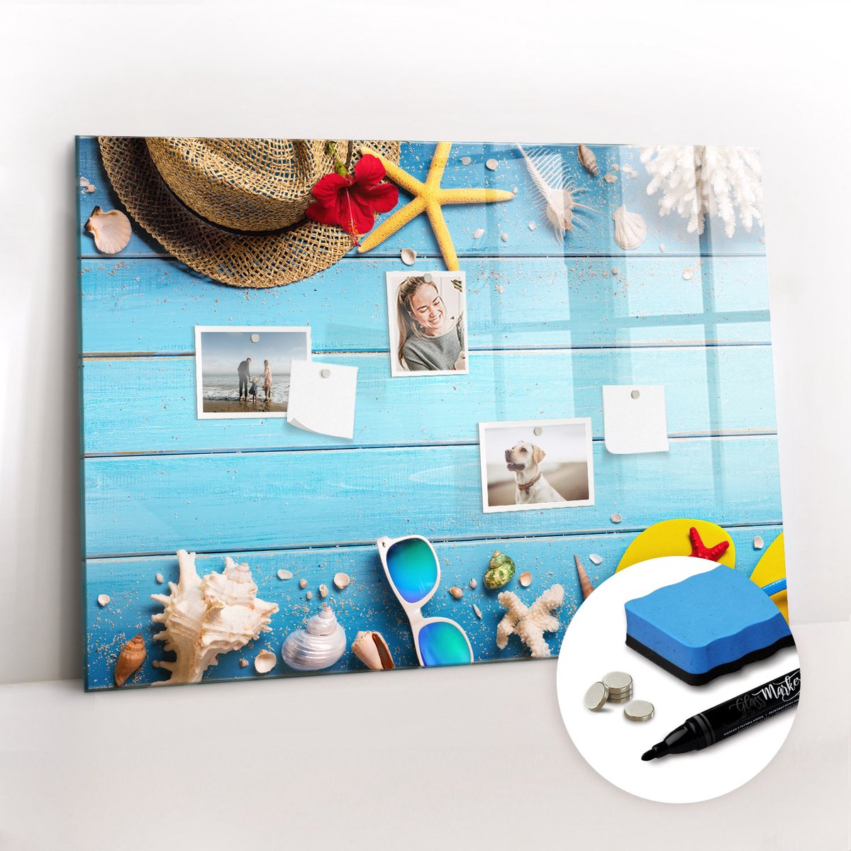 Tulup Whitebord - Zomerse strandaccessoires - 100 x 70 cm - Veelkleurig Decoratieve magneetborden met print - Gratis 5 Sterke Magneten + Whiteboard Marker & Wisser - Stylish Memo Board - Magnetisch Memobord - Notitiebord Werkplek