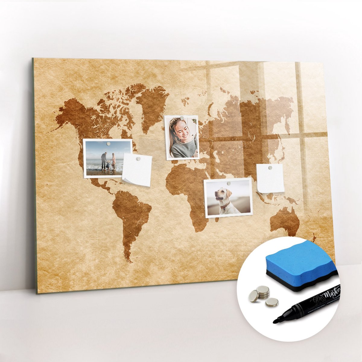 Tulup Whitebord - Wereldkaart in ouderwetse stijl - 100 x 70 cm - Bruin Magnetisch Memobord - Inclusief Gratis Magneten & Marker & Spons - Interieur Accessoires Kantoor - Magnetisch Bord Kind - Inspiratiebord Kantoor