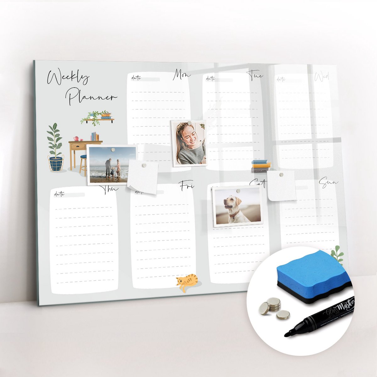 Tulup Whitebord - Gezellige weekplanner - 100 x 70 cm - Veelkleurig Magnetic Board - Gratis 5 Sterke Magneten + Whiteboard Marker & Wisser - Decoratief Magnetisch Bord - Magnetic Board - Productiviteit Tools