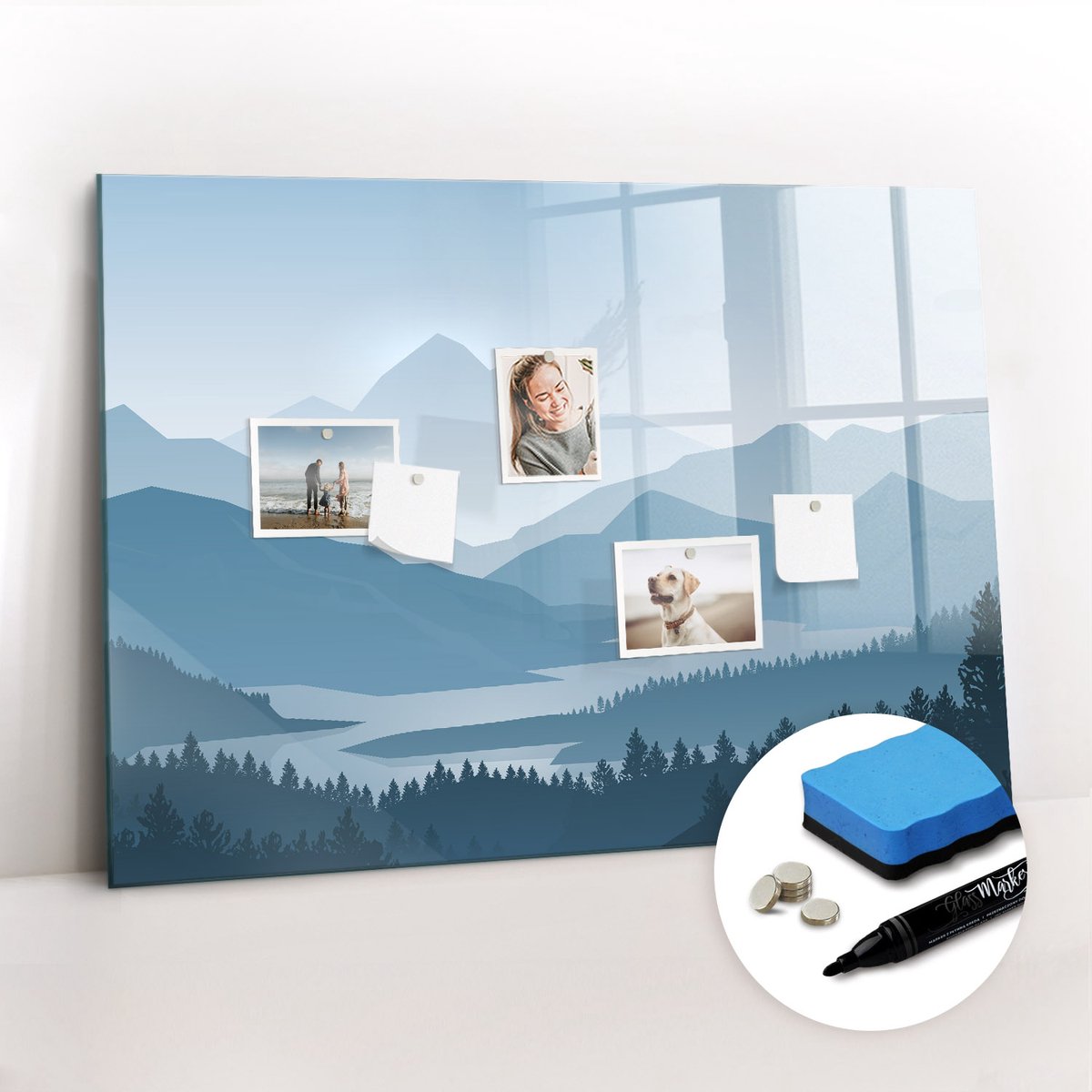 Tulup Whitebord - Berglandschap - 100 x 70 cm - Blauw Memobord Keuken - Gratis 5 Sterke Magneten + Whiteboard Marker & Wisser - Minimalistisch Prikbord - Magnetisch Bord Kind - Planning Muur