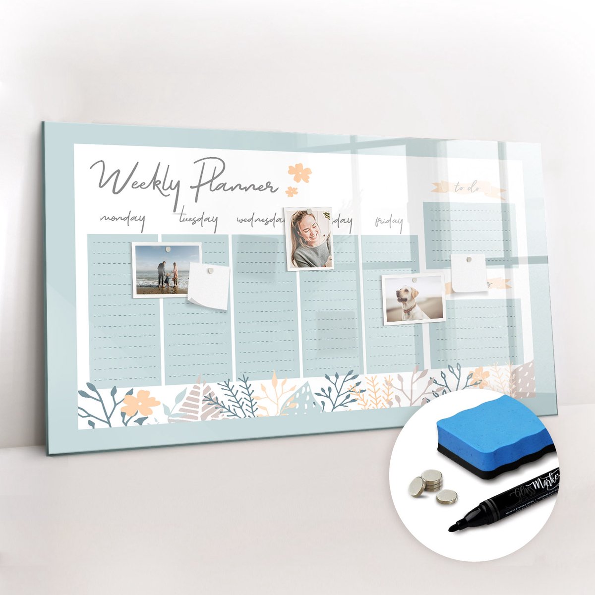 Tulup Whitebord - Weekschema - 120 x 60 cm - Blauw Memo Magneetbord - Gratis 5 Sterke Magneten + Whiteboard Marker & Wisser - Minimalistisch Prikbord - Magnetisch Memobord - Organiseer Je Bureau
