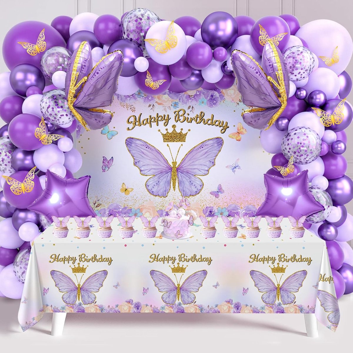 verjaardagsdecoraties, 111 stuks paarse vlinderfeestdecoraties met lila ballonnen 3D vlinderballonnen, Happy Birthday spandoek, tafelkleed, taarttoppers, dromerige feestartikelen voor meisjes
