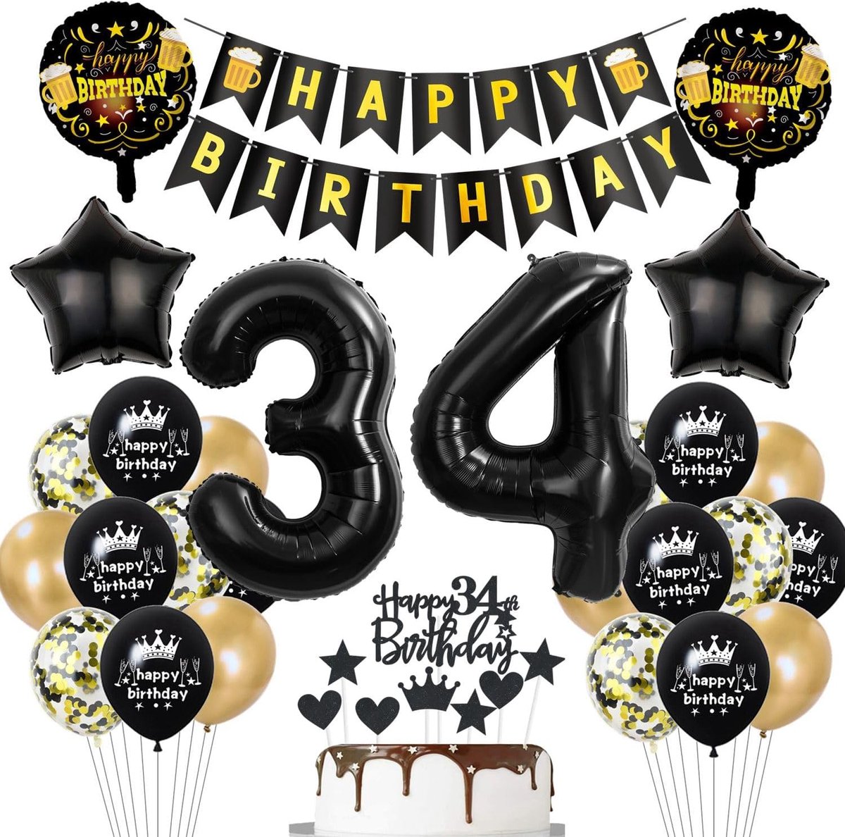 Ballonnen getal 36 zwart, 36e verjaardag decoratie vrouw man zwart goud, nummer 36 ballonnen + Happy Birthday slinger + wimpelketting 36 jaar verjaardag decoratie set mannen vrouwen 36 ballonnen