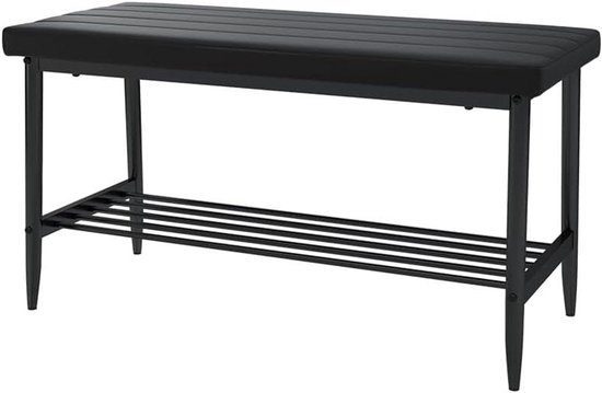 Zwarte bench met gestreepte zitting en een rek eronder voor schoenen.