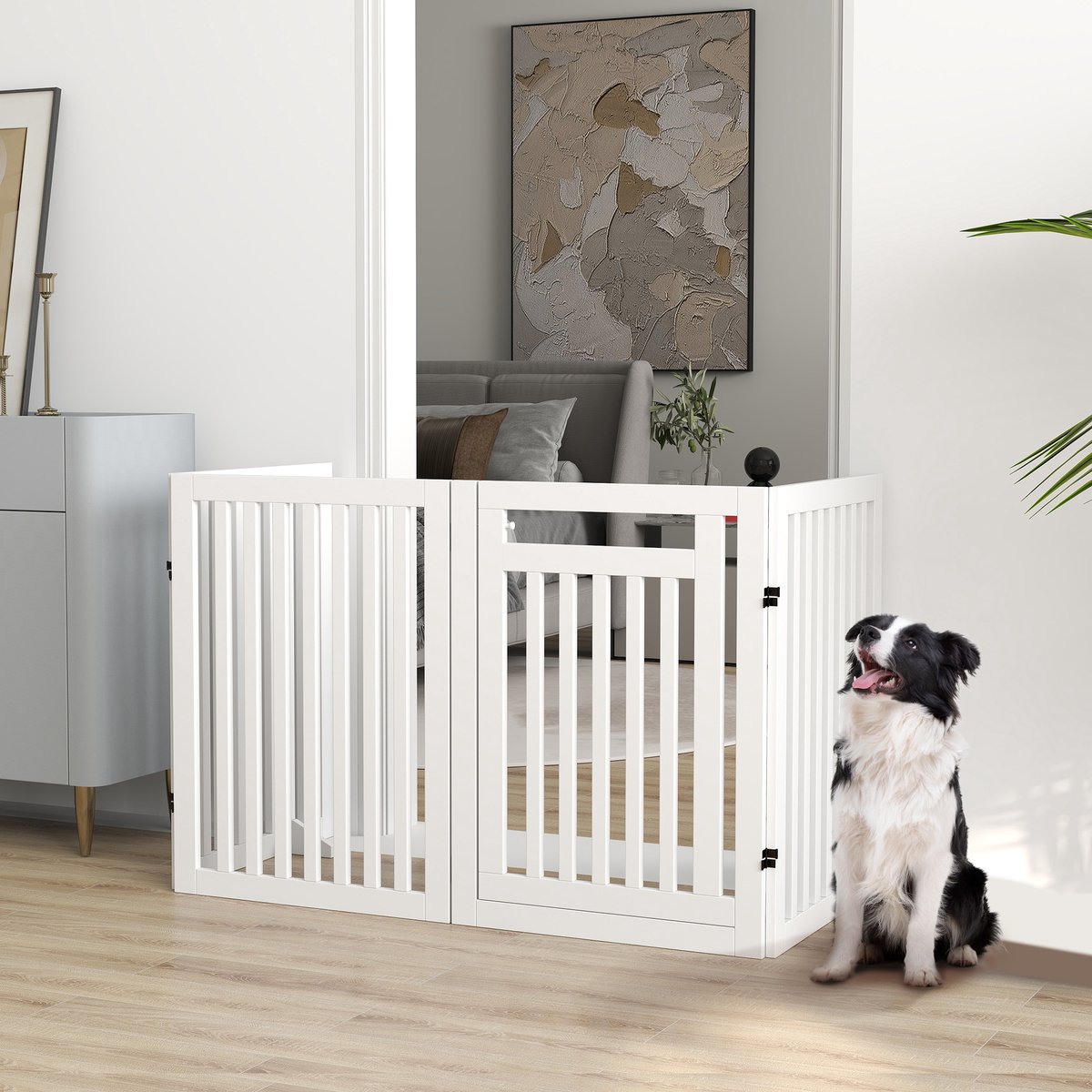 MIVRAY Hondenhek Opvouwbaar Vrijstaand 4 Panelen 240 X 81 Cm MDF Wit Met Vergrendelbare Deur En Steunvoeten Voor Binnengebruik