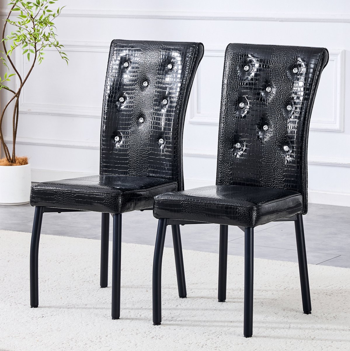 DESMIU Eetkamerstoel 42 Cm - Set Van 2 Met Gepolsterde Zitting En Kristalknoopdetails - Voor Eetkamer En Keuken - Kunstleer En Metaal - Zwart