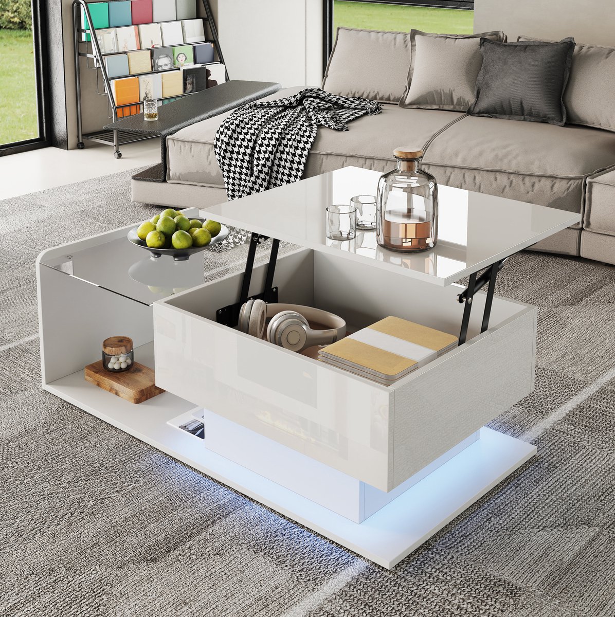 HAUSS SPOLE Salontafel - Hoogglans Wit Met Glasblad En Verstelbare Hoogte - Met Led En Opbergruimte Voor Woonkamer - 100x50x33/47,5 Cm