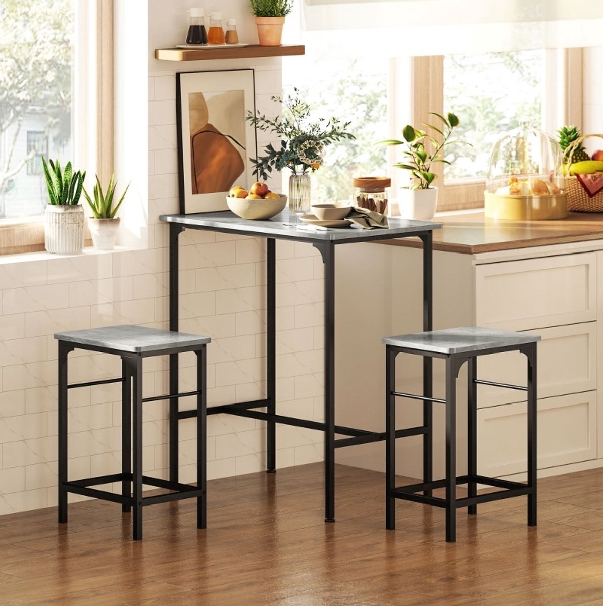 STILVORA Bartafelset - Industriële Bartafel Met 2 Barkrukken - Ruimtebesparend Voor Keuken En Eethoek - Metaal - 80x50x87 Cm - Grijs