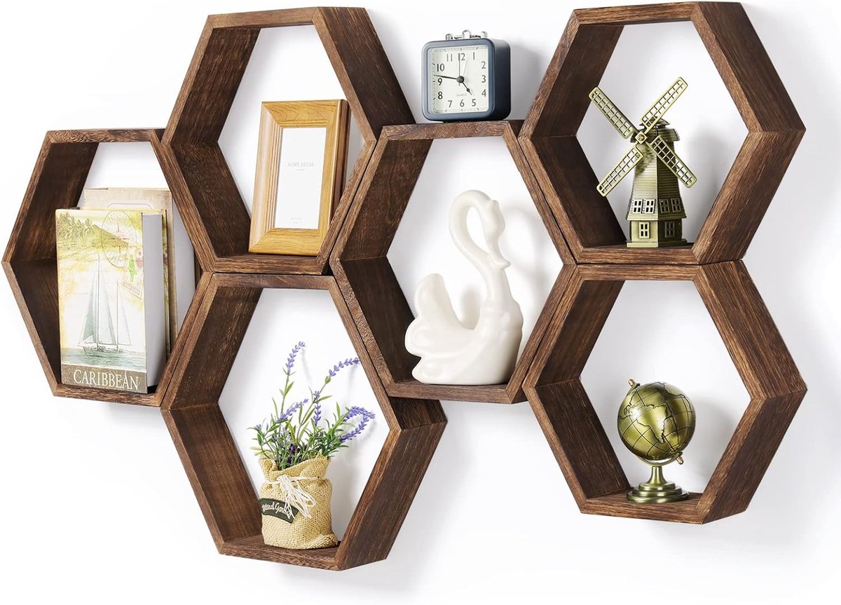 Zwevende planken, set van 6, boerderij, honingraat, wandopbergplank, houten display, zeshoekige planken, wandmontage, hangende rustieke plankrekken voor slaapkamer, woonkamer, hal