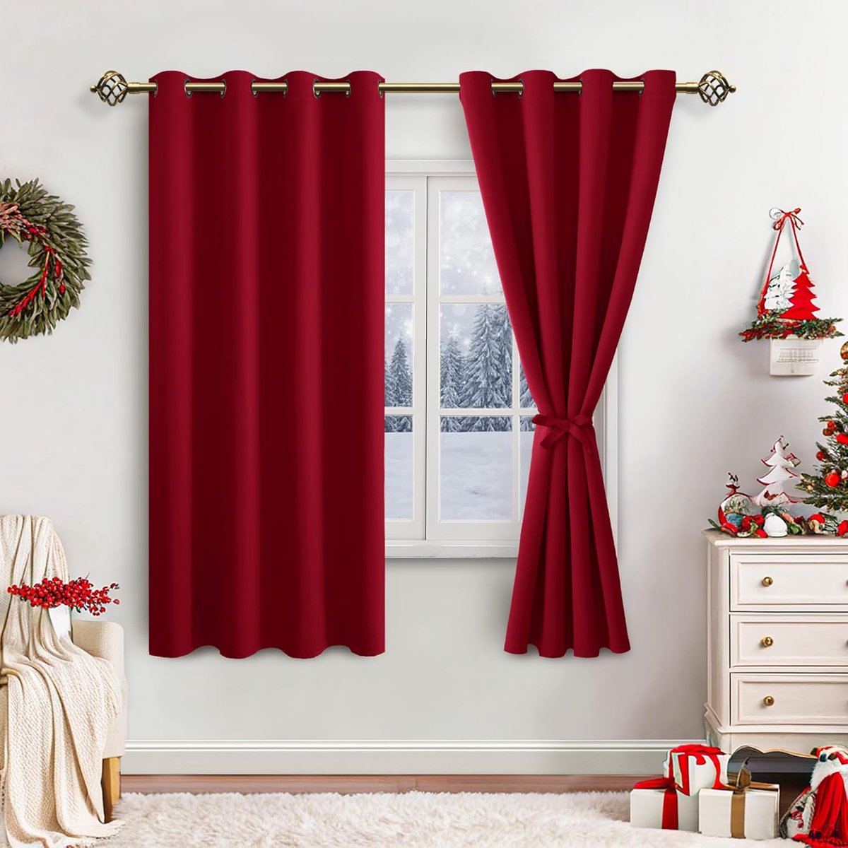 Verduisterende gordijnen, inslagringen, voor slaapkamer, woonkamer, rood, 2 stuks, 137 x 132 cm (H x B)