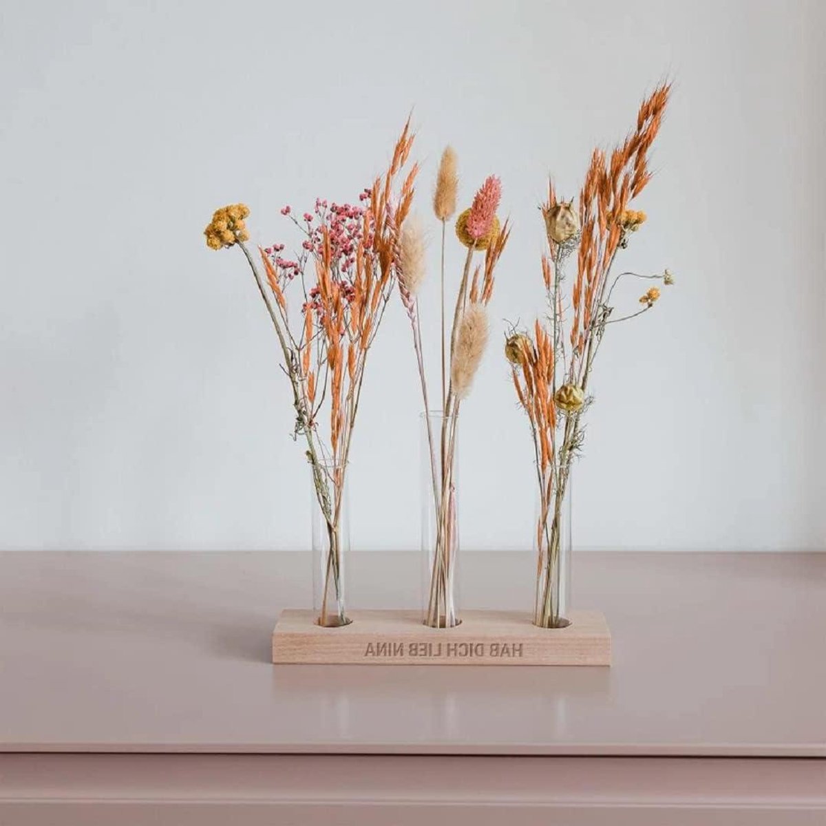 Gedroogde bloemen frame - Houten decoratie - Woonkamer aankleden - Gepersonaliseerde gravure - 21 cm breed - Multicolor