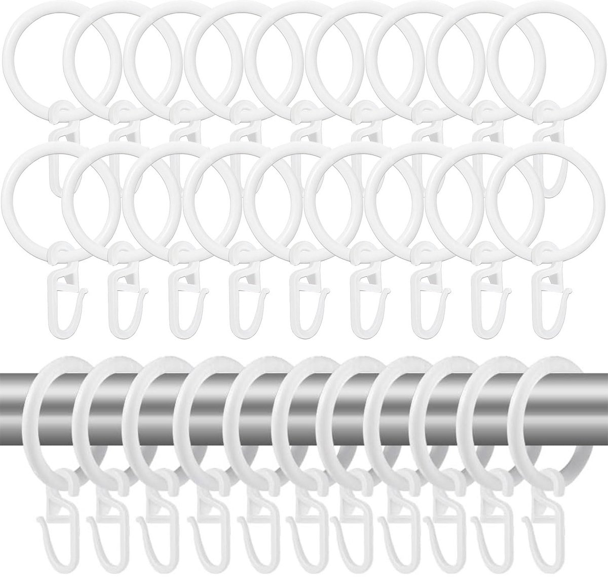 Gordijnringen, 100 stuks gordijnringen met 100 stuks gordijnhaken, douchegordijnringen van kunststof, voor raam, deur, douchegordijn, 30 mm binnendiameter