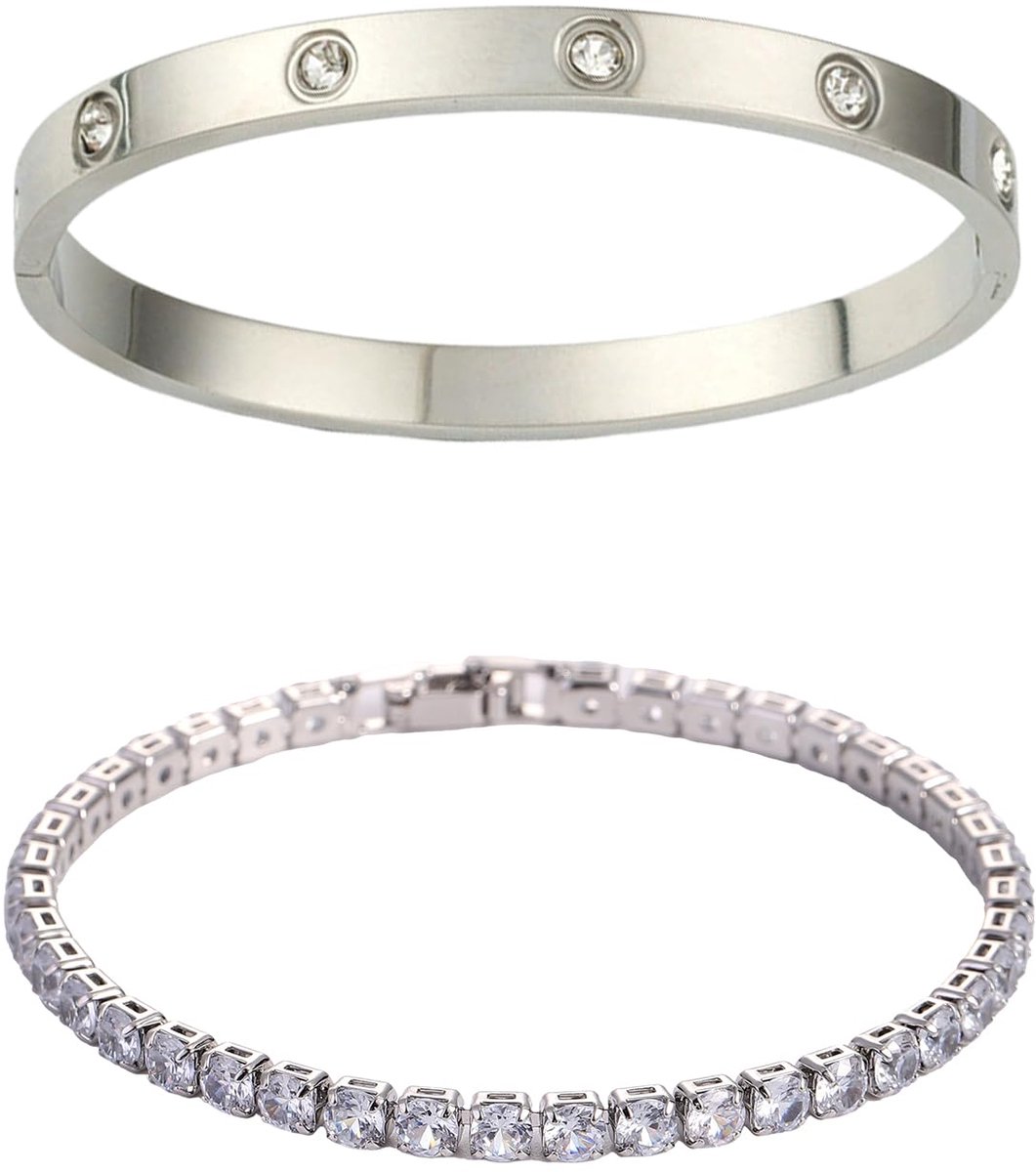 2-delige armbandset voor dames, verzilverde zirkonia, armband en handketting, minimalistisch stapelbaar, 6 mm breed, vintage design met rijen diamanten, modern modesieraad voor vrouwen en