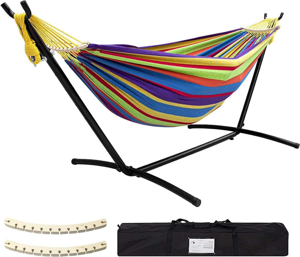 Dubbele Hangmat - Met Standaard - Ontspannen Buiten - Inclusief Draagtas - 204kg Capaciteit - Gekleurd Gestreept