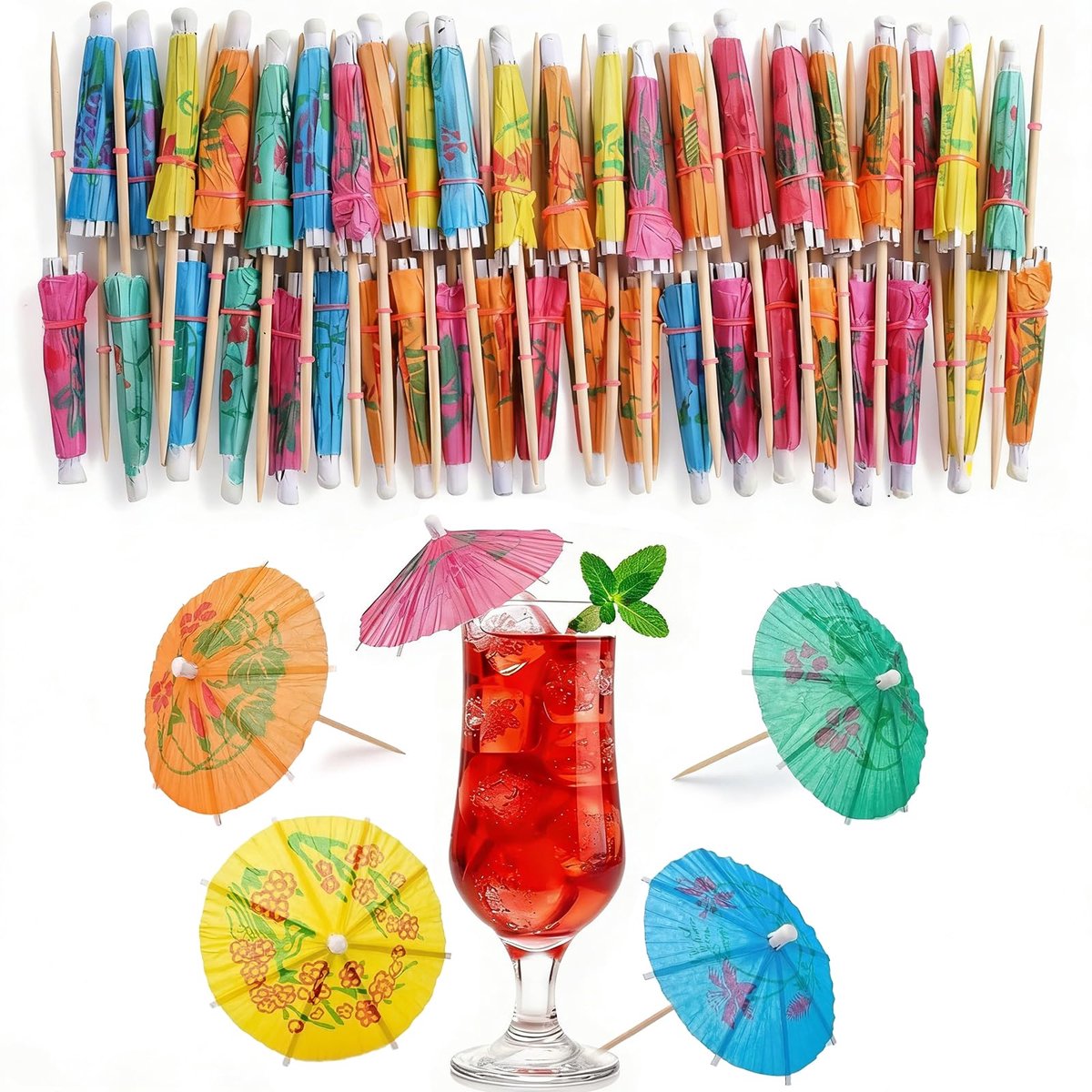 Cocktailparasols, tropische cocktailparasols, drankparasols, cocktailparasols, decoratieve paraplu's voor dessert, cake, dranken, bruiloft, Hawaïbar (A)