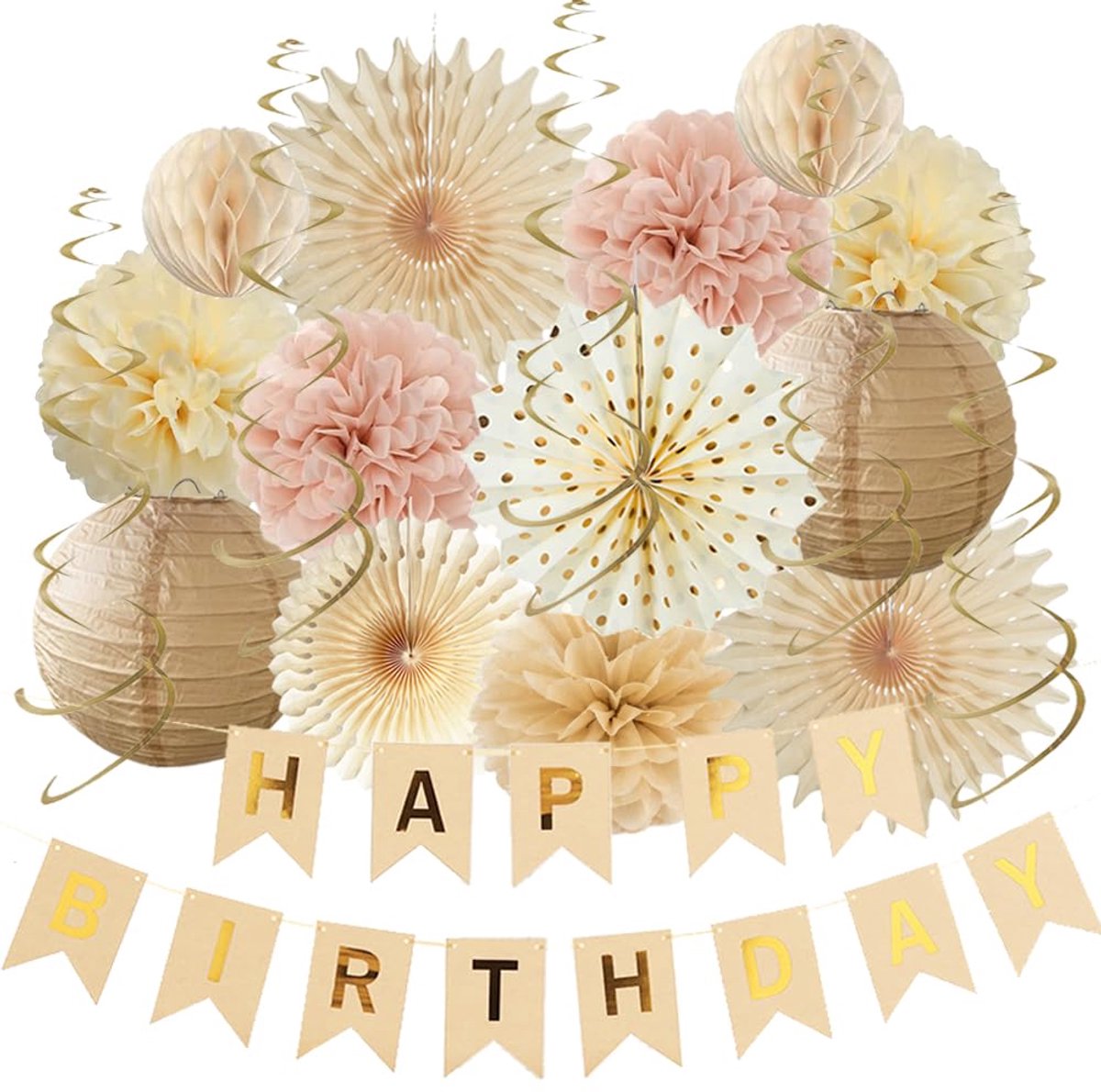 poederroze verjaardagsdecoraties voor vrouwen en meisjes - poederroze papieren waaiers - lantaarns om op te hangen voor rustieke verjaardagsfeestdecoratie, beige