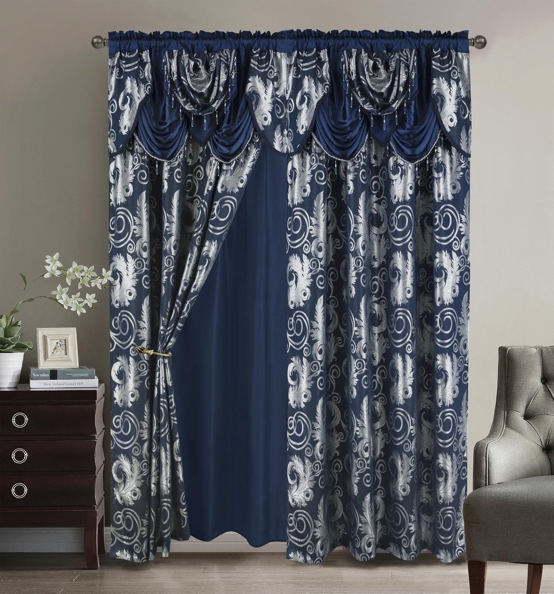 Raamgordijn met aangehechte valance en rugleuning voor slaapkamer, woonkamer, eetkamer, 279 x 213 cm, marineblauw
