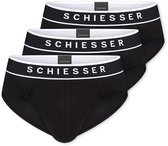 Drie zwarte Schiesser slips met witte dubbele tailleband met logo.