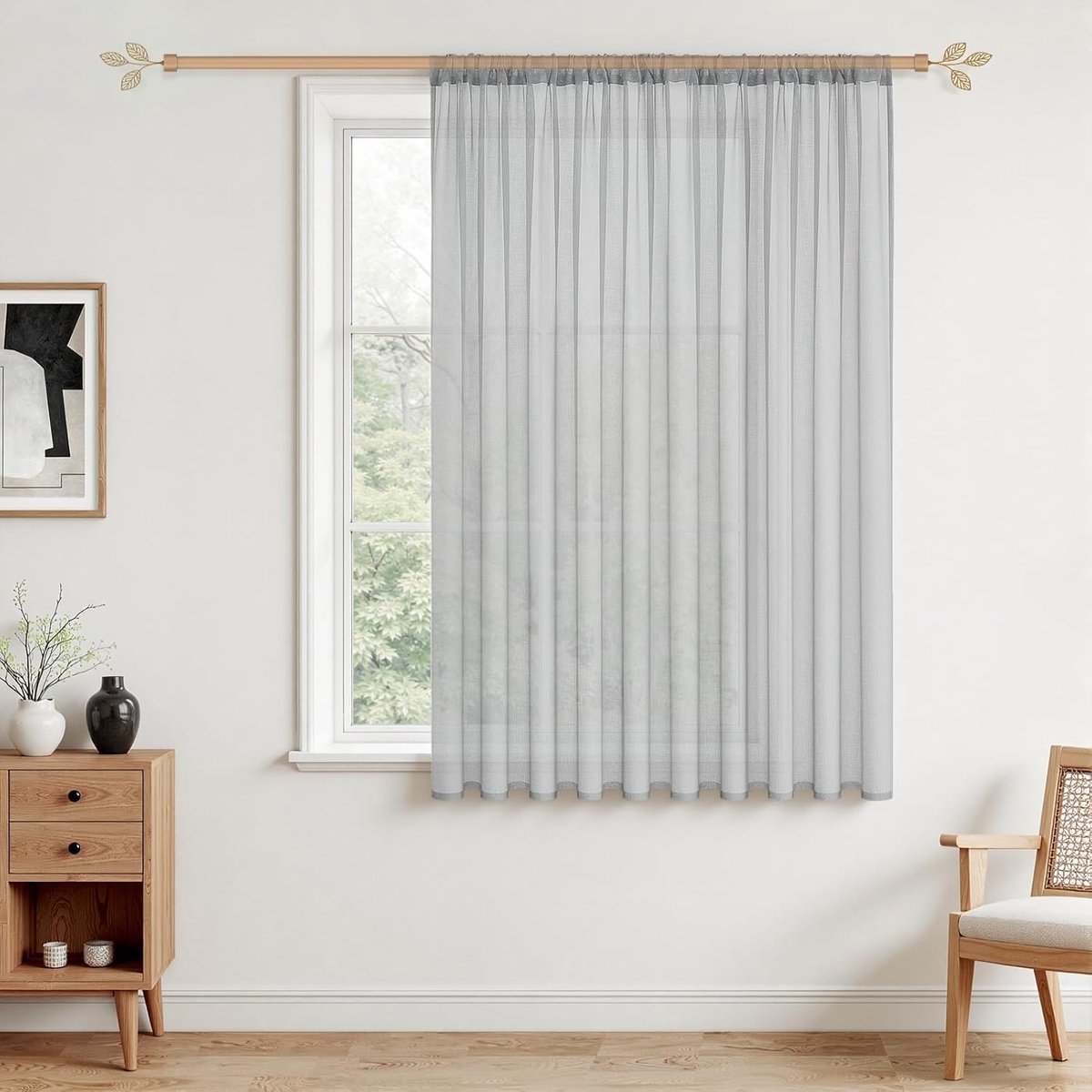 Voile gordijnen met oogjes, halftransparant, kort, linnenlook, voorhang, vitrage, grijs crème, 100 x 200 cm (h x b) voor woonkamer, slaapkamer, kinderkamer, set van 1