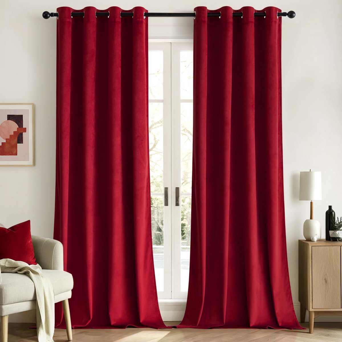 thermische verduisteringsgordijnen voor woonkamer en slaapkamer, fluweel, isolerend, warmte-/koudewerend, rekbaar, met ringen, set van 2, 140x225cm, rood