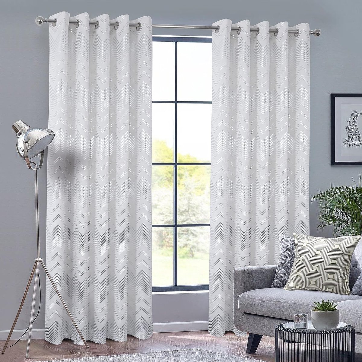 always4u Gordijn, 100% ondoorzichtig, velours gordijnen met zilverkleurige lijnen, dubbele thermische gordijnen met oogjes, gordijnen voor woonkamer, slaapkamer, keuken, elegant, modern, wit, 2 stuks,