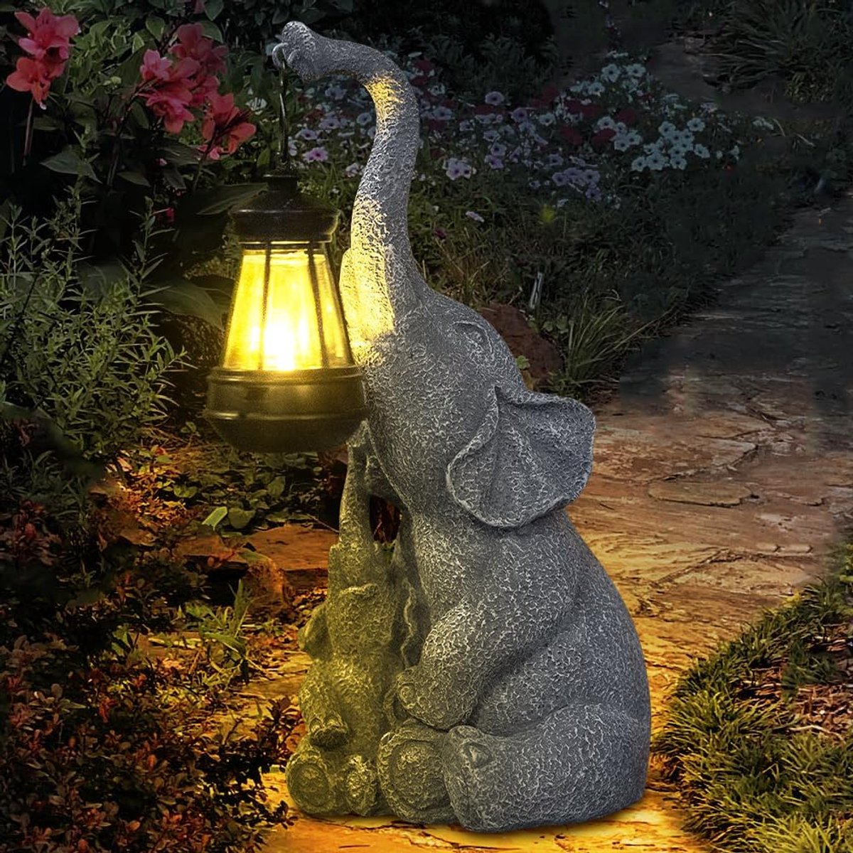 Olifantendecoratie met zonne-lantaarn, tuinfiguren, 22 cm, olifantenbeeld met zonlicht, olifantenbeeld, decoratie voor tuin, terras, weerbestendig, verjaardagscadeau voor vrouwen, mama