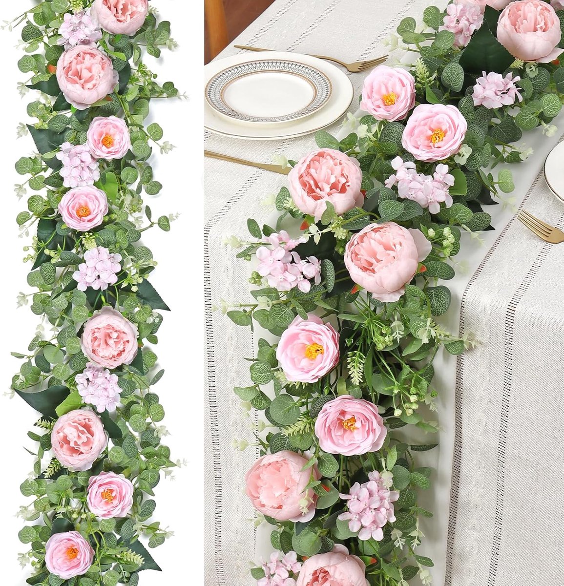 Kunstmatige Eucalyptusslingers met Bloemen 190 cm Kunstmatige Bloemenslingers Pioenen 2 stuks nep groen Slinger Bloemenslinger voor Bruiloftsfeest Tafel (2, Poeder)
