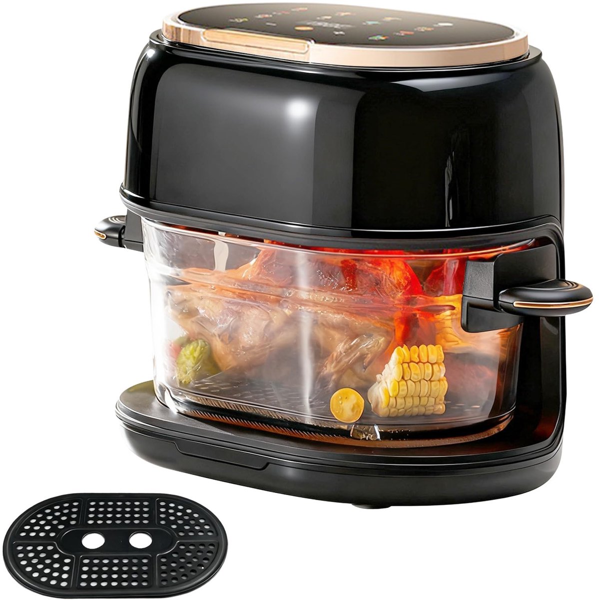 5 liter, vaatwasmachinebestendig, glazen mand, kijkvenster en touchscreen, 8 slimme programma's, 1-120 minuten timer, 24 uur reservering, ideaal voor frituren, bakken en