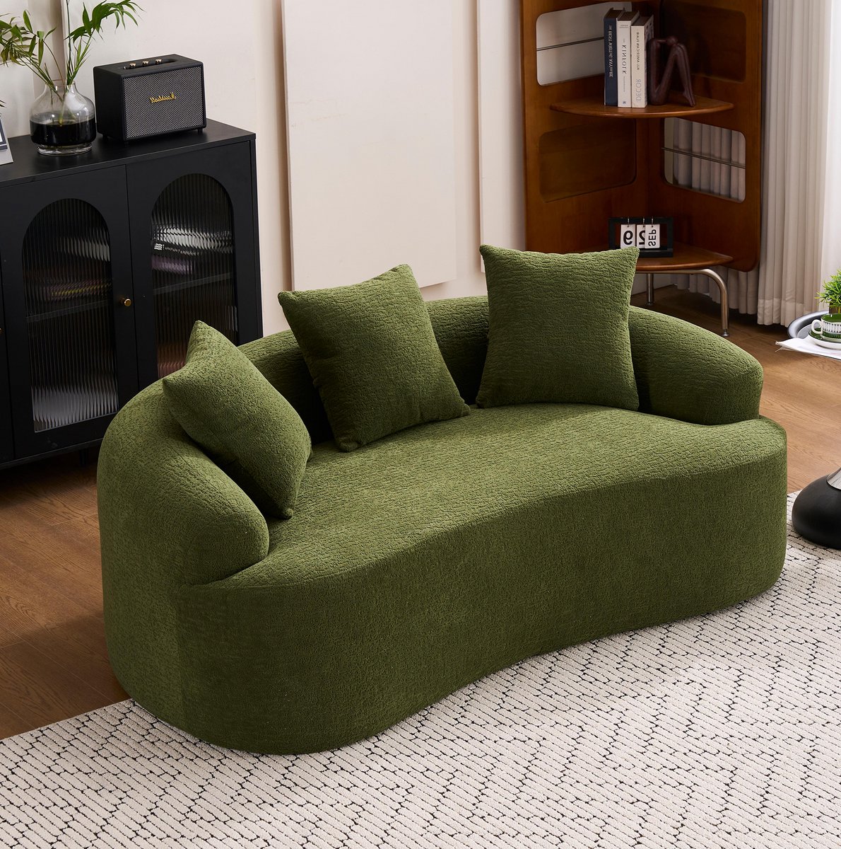 FloraGrace Zitbank 153 x 94 x 63 cm - Gebogen 2-Zitsbank Met 3 Sierkussens En Diepe Zitting - Voor Kleine Woonkamer Of Appartement - Chenille - Groen