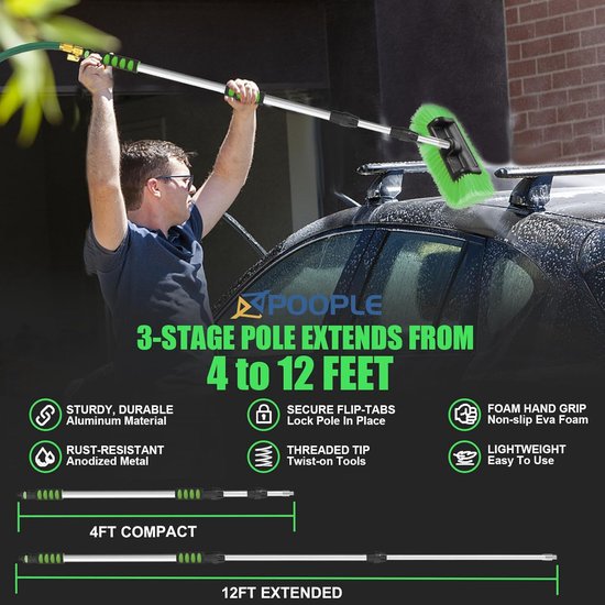 Autowasborstel Lange Steel - Reinigingsborstel Auto - Voertuigen Wassen - 5-Zijdig Gebogen Borstel - 305 cm - Groen — afbeelding 2