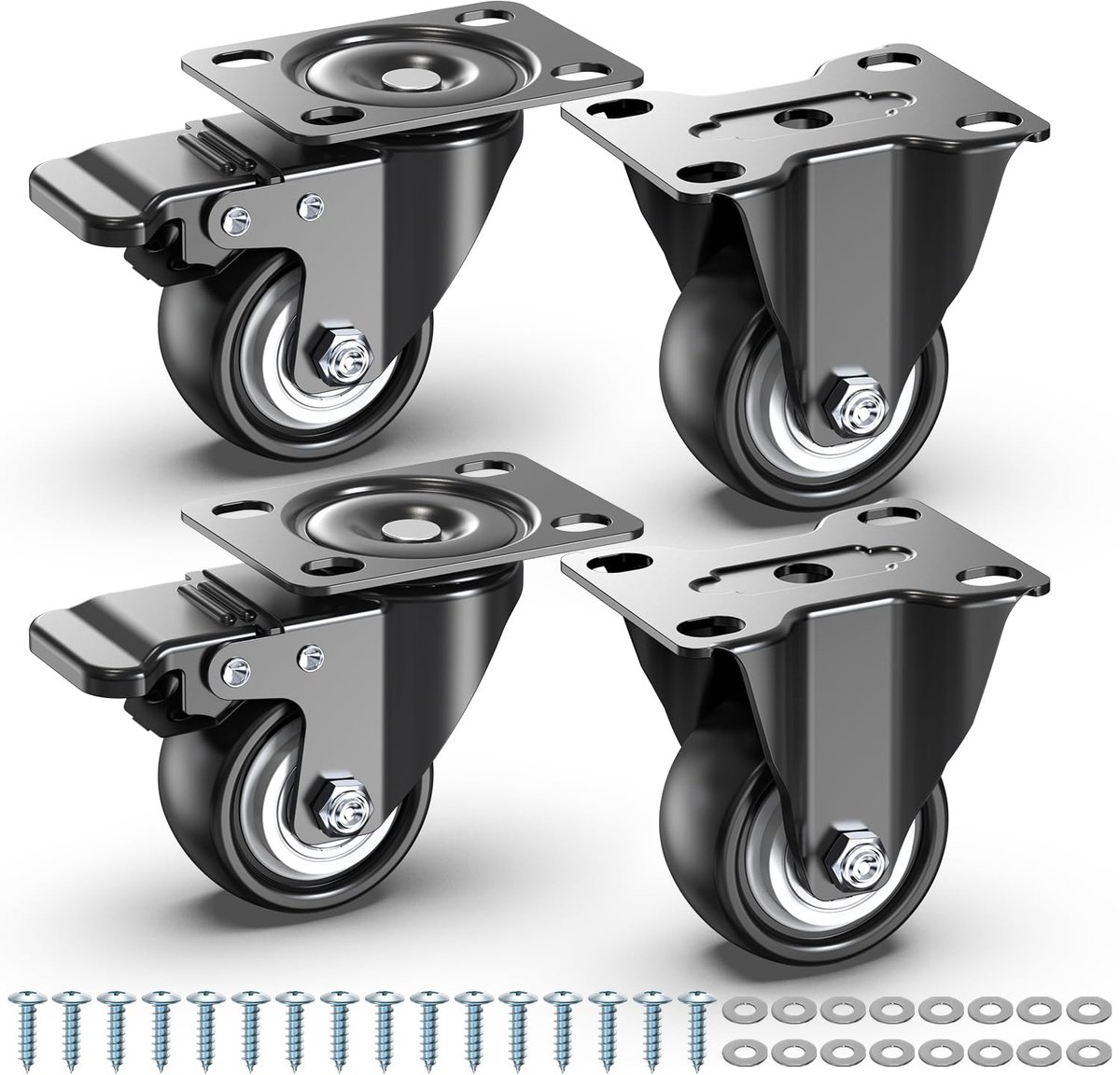 50 mm zware wielen tot 250 kg wielen met rem meubelwielen set van 4 (2 met rem en 2 vaste wielen)