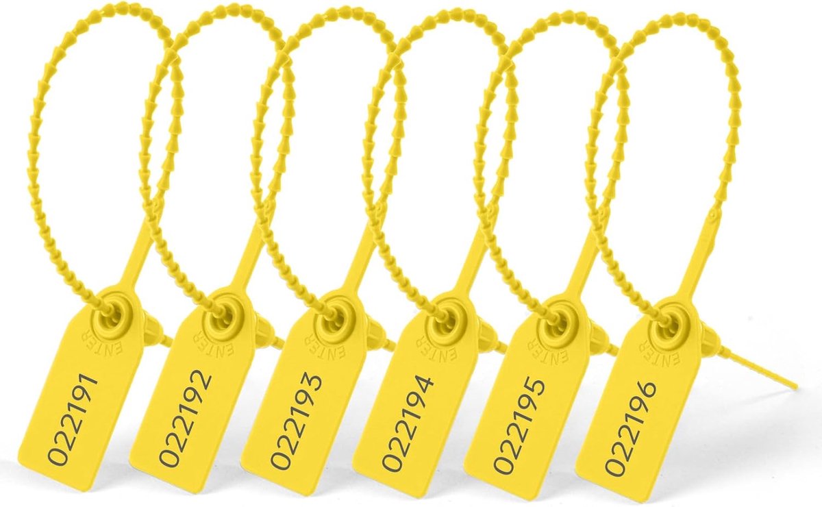 120 stuks sabotagebestendige afdichting, 250 mm/9,8 inch, zelfborgende kunststof clips, bedrukt met serienummer, wegwerpveiligheidslussen voor brandblusser (geel)