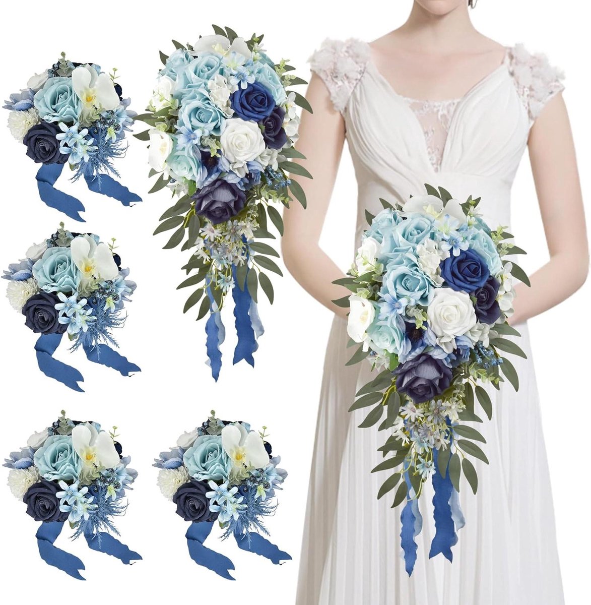 Bruidsboeketten Pakket - Nepbloemen Bruiloft - Bruiloft Decoratie - Klaar voor Gebruik - 5 Stuks - Dusty Blauw