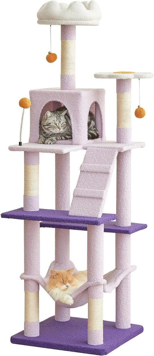 Kattenboom - Kattenhuis - Spelen en rusten - Uniek bloemenontwerp - 162 cm hoog - Paars