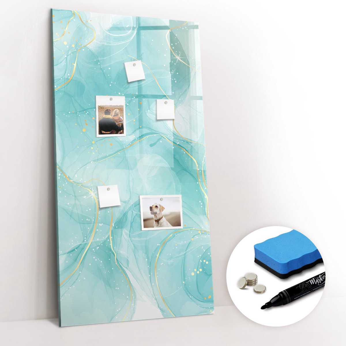 Tulup Whitebord - Abstract geaderd marmer - 60 x 120 cm - Turkoois Magneetbord Muur - Gratis 5 Sterke Magneten + Whiteboard Marker & Wisser - Interieur Accessoires Kantoor - Magnetisch Bord - Ideeënbord Thuiswerkplek