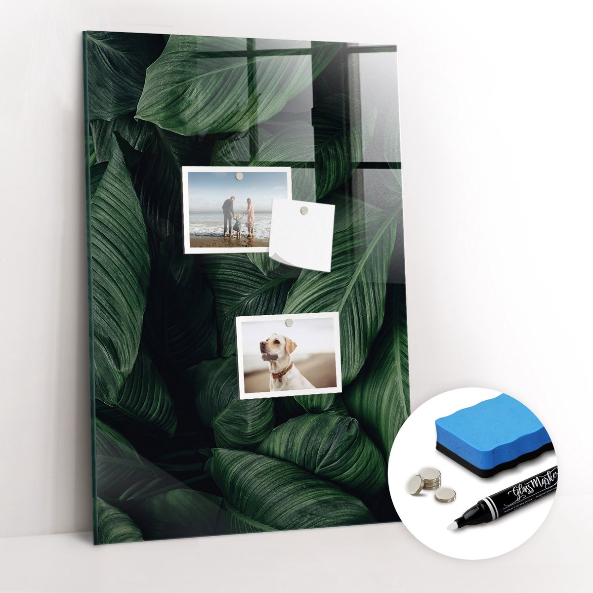 Tulup Whitebord - bladeren van jungleplanten - 40 x 60 cm - Groente Memobord Glas - Gratis 5 Sterke Magneten + Whiteboard Marker & Wisser - Moderne Wanddecoratie - Memo Magneetbord - Notitiebord Werkplek