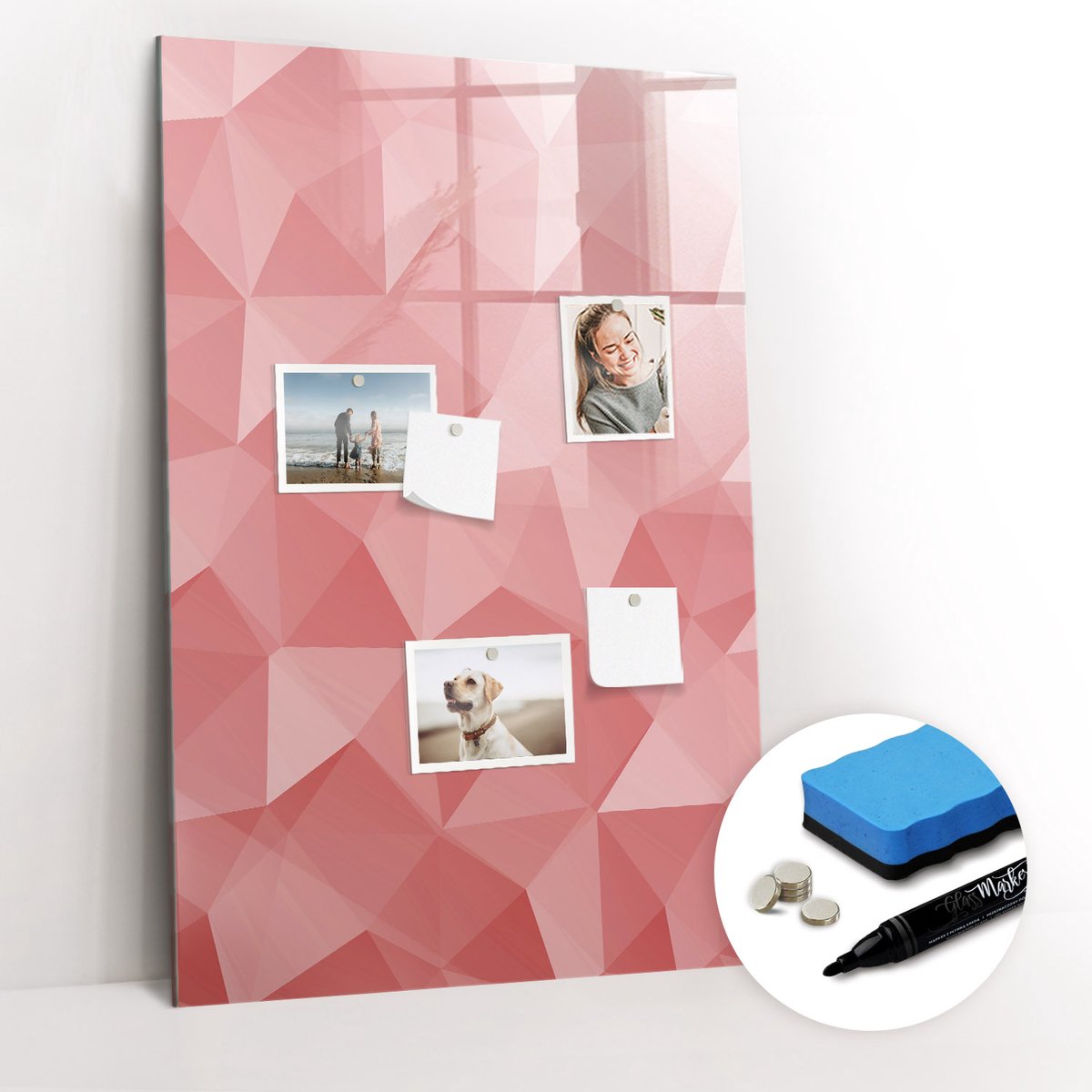 Tulup Whitebord - Abstracte geometrische driehoeken - 60 x 90 cm - Rood Memo Magneetbord - Gratis 5 Sterke Magneten + Whiteboard Marker & Wisser - Stylish Memo Board - Magnetisch Memobord - Notitiebord Werkplek