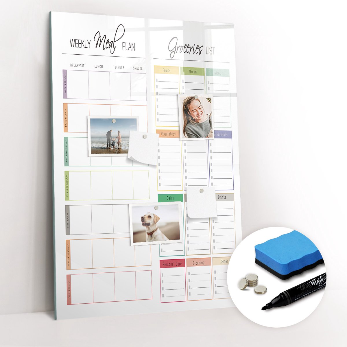 Tulup Whitebord - Weekmenu - 60 x 90 cm - Veelkleurig Magneetbord Rechthoekig - Gratis 5 Sterke Magneten + Whiteboard Marker & Wisser - Scandinavisch Design Bord - Magneetbord Rechthoekig - Notitiebord Werkplek