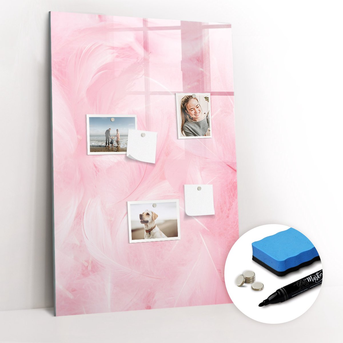 Tulup Whitebord - Fijne veren - 60 x 90 cm - Roze Magneetbord Rechthoekig - Gratis 5 Sterke Magneten + Whiteboard Marker & Wisser - Stylish Memo Board - Memo Bord - Organiseer Je Bureau