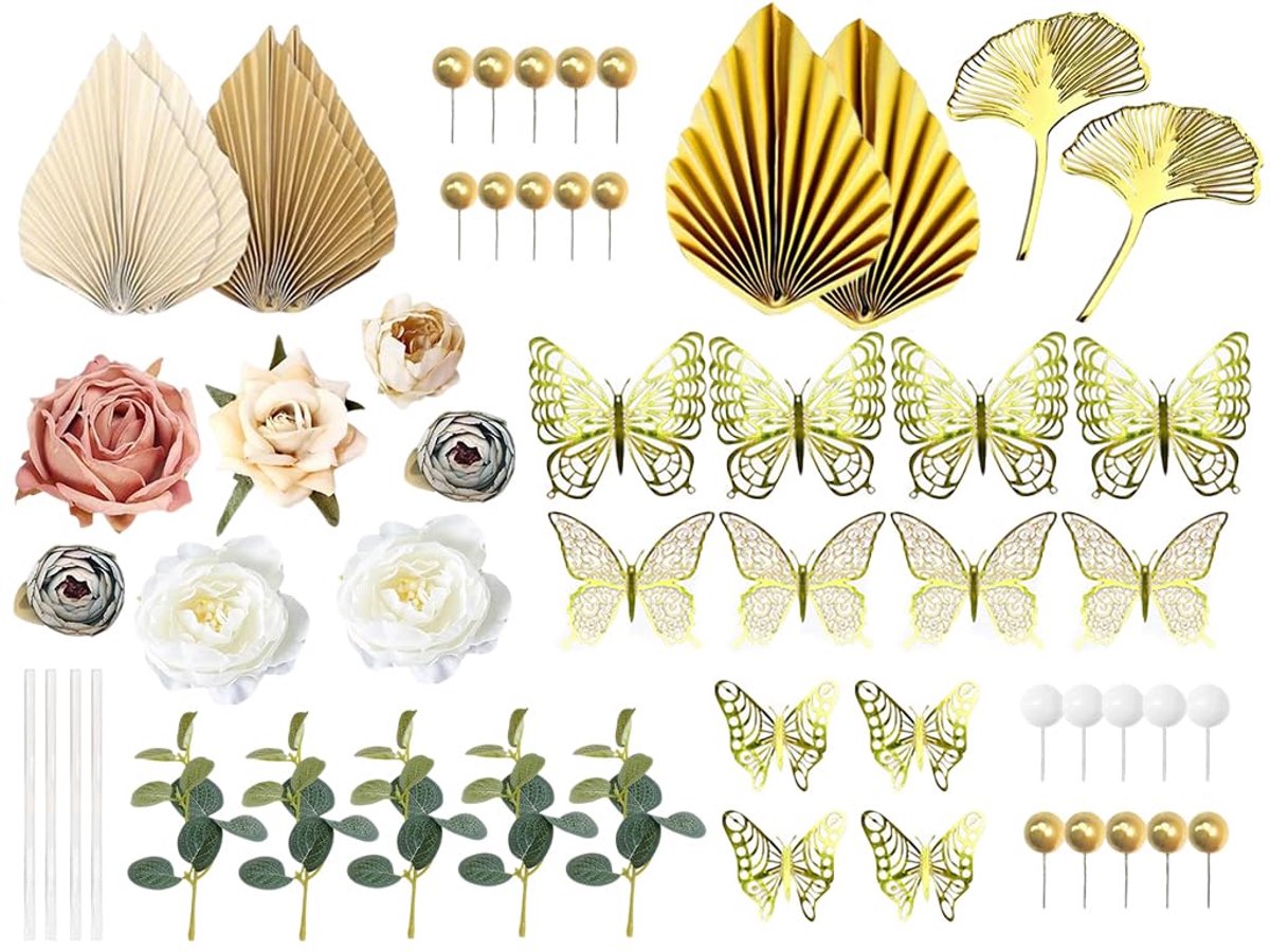 Taartdecoratieset, 56 stuks, taartdecoratie, bloemen, boho taartdecoratie, bloementaartdecoratie, boho-taartdecoratieset, voor verjaardag, bruiloft, feest, decoratie