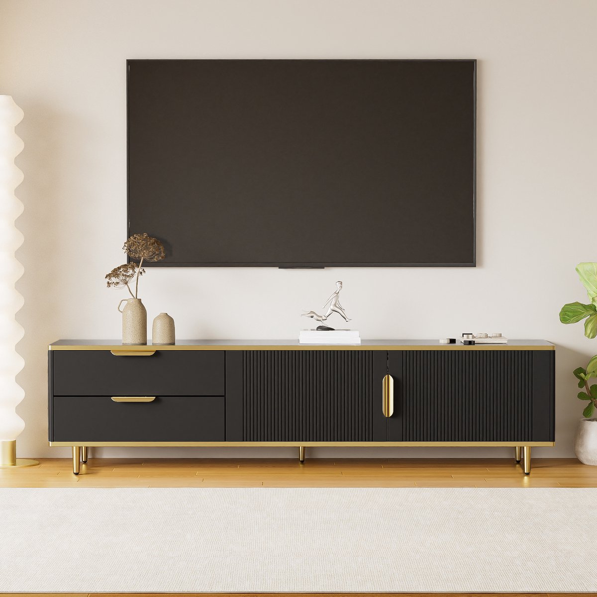 Sweiko Sweiko TV-kast - 2 lades - Metalen poten - Spaanplaat - Zwart + Goud