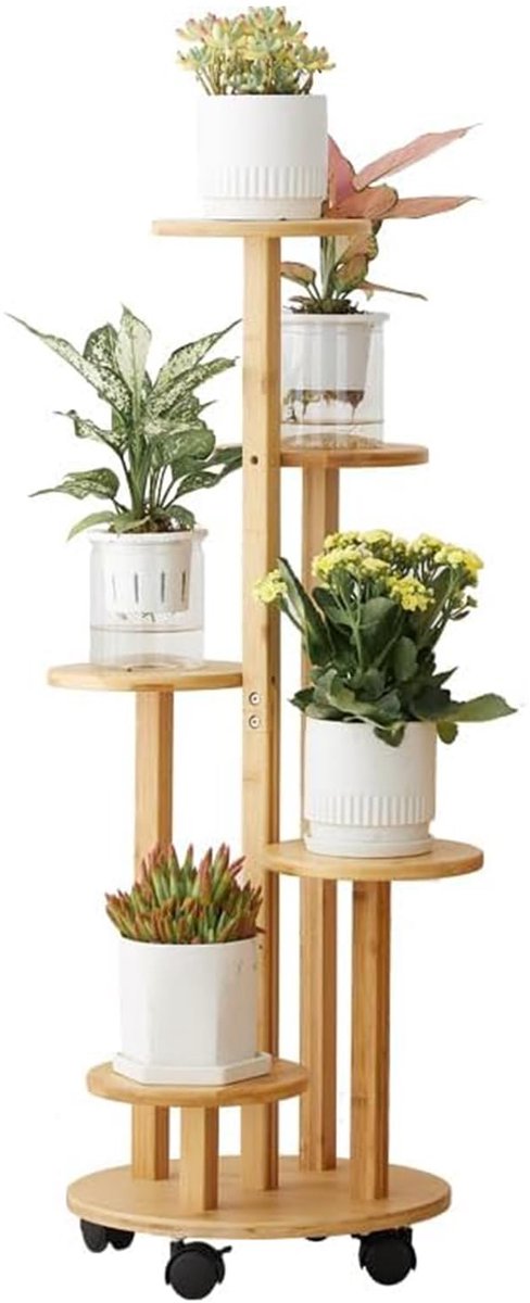 Bamboe bloemenstandaard met wieltjes, 5 etages, plantenstandaard, bloemenrek, balkon, chassis Ø 31,5 x bovenste vak Ø 19 cm x hoog 88 cm, plantenrek voor buiten, gemakkelijk te verplaatsen