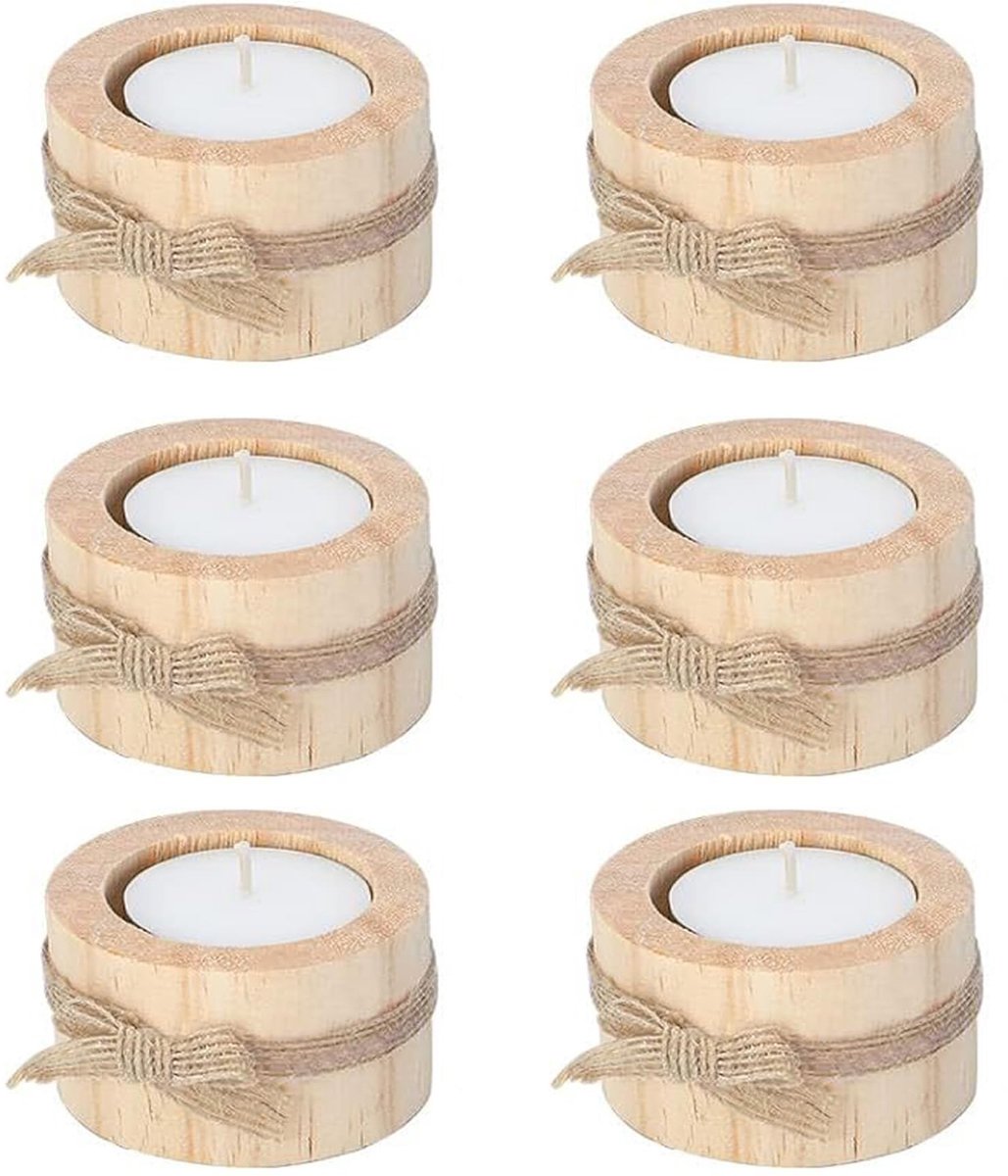 Kandelaar, klein, 6 stuks, hout, kandelaars voor staafkaarsen, kaarsenhouder, hout, vintage theelichthouders voor feest, bruiloft, Halloween, Kerstmis, woondecoratie, jubileum, woning (S)