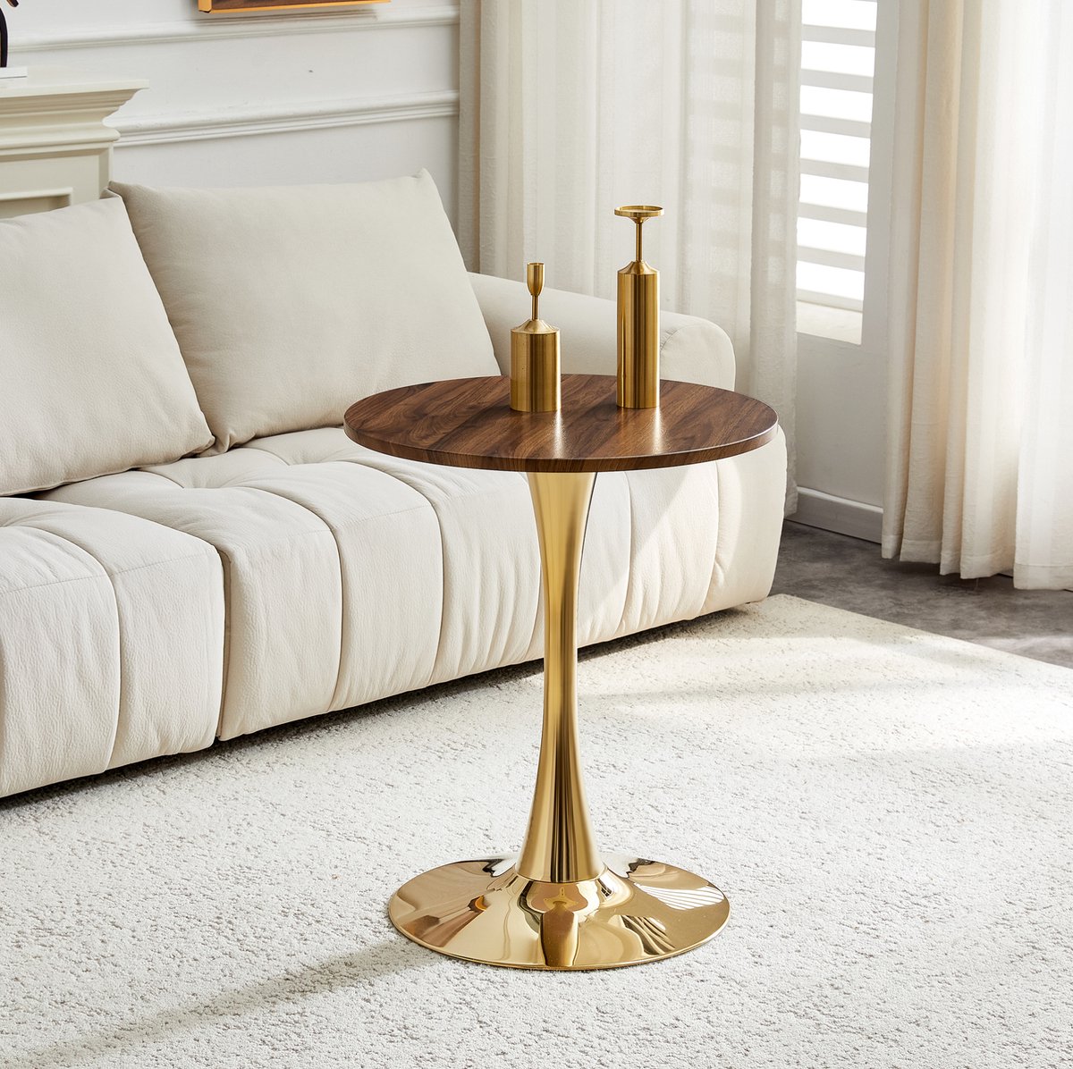 MIVRAY Bijzettafel - Ronde Tafel Van 60 Cm Met Walnootlook En Gouden Voet - Voor Woonkamer En Leeshoek - MDF En Metaal - 72 Cm