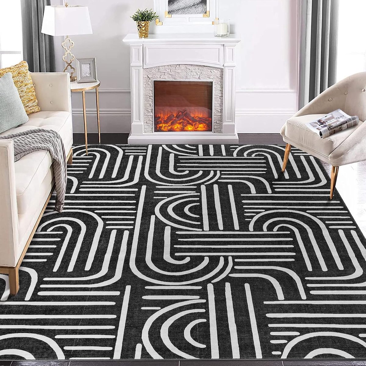 Modern Wasbaar Vloerkleed - Antislip Kortpolig - Woonkamer Slaapkamer - Zwart - 120x170 cm