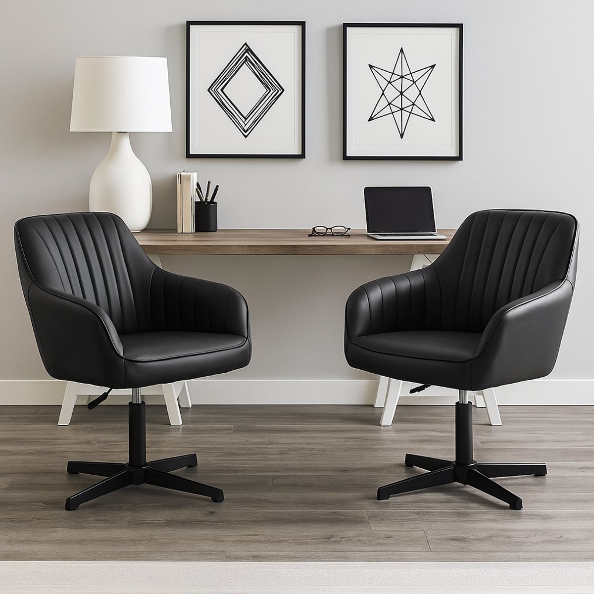 Draaibare Fauteuil met Armleuningen - Set van 2 - In Hoogte Verstelbare Kuipstoelen van Kunstleer met Stabiele Metalen Kruisvoet Zonder Wielen - Comfortabele Bureaustoelen voor Kantoor, Receptie, Hal, Woonkamer en Slaapkamer - Zwart