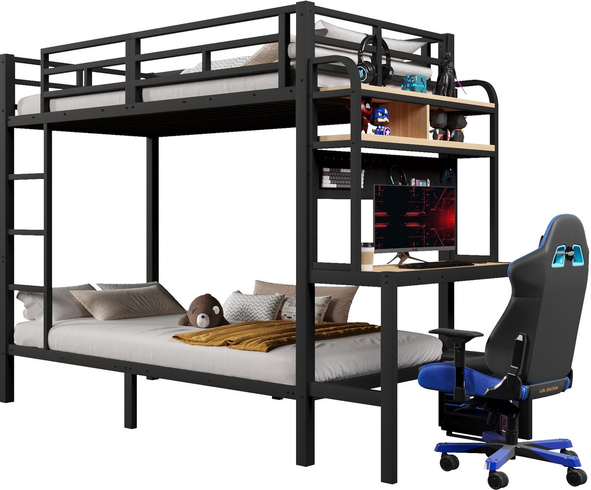 Merax Metalen Stapelbed 90 x 200 cm - Met Bureau - Opbergruimte - LED Verlichting - USB-Aansluiting - Veiligheidshek - Ladder - Zwart