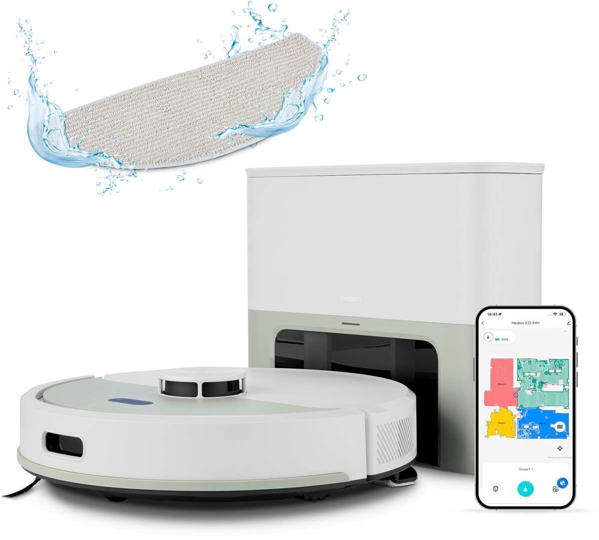 MEDION Robotstofzuiger met afzuigstation en dweilfunctie X22 SW+ (lasernavigatie, 5.000 Pa, 2-in-1, nauwkeurige mapping, no-go zones, meerdere etages, MD 100021) grijs