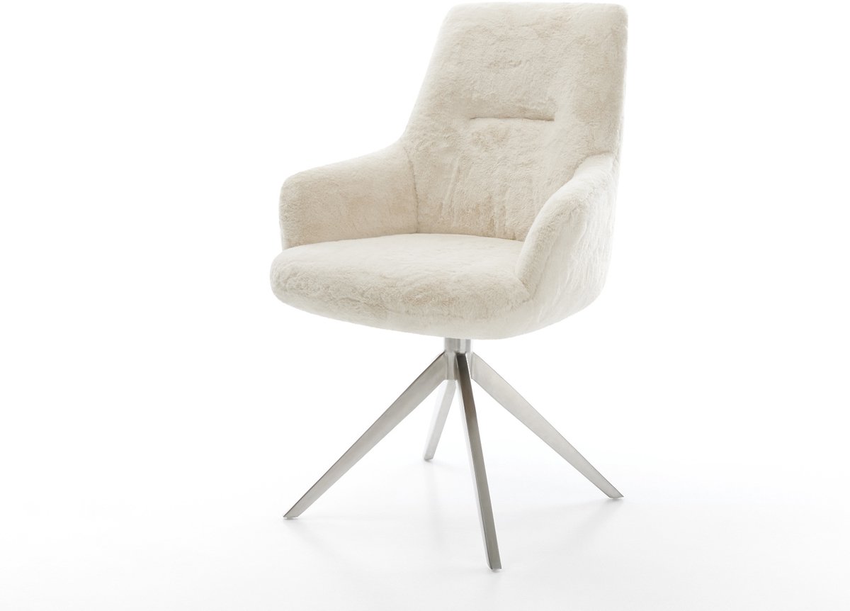 Eetkamerstoel Zelia-Flex met armleuning kruisframe breed roestvrij staal pluchen crème-wit 360° draaibaar rocker-functie pocketveer kern