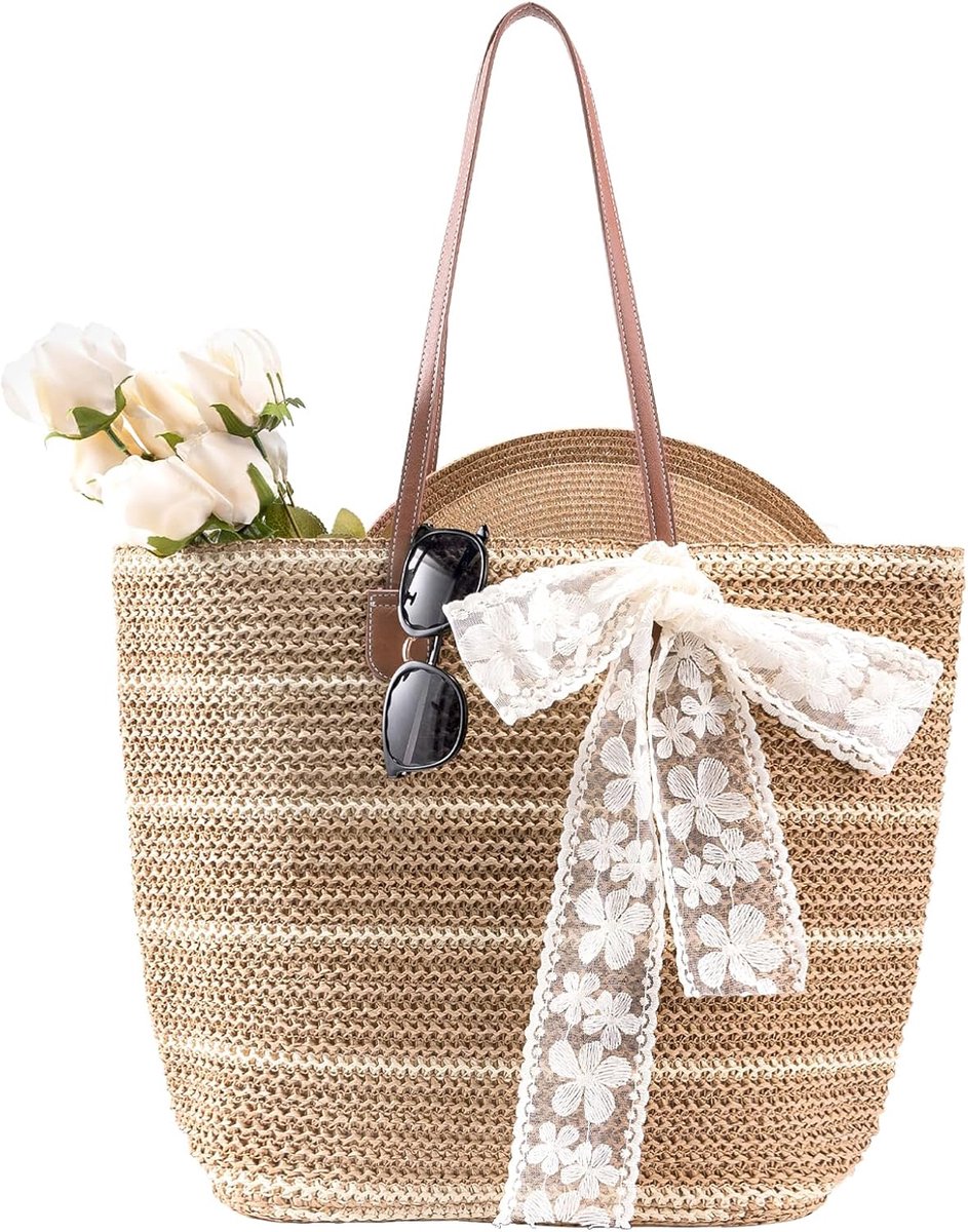 boshiho Summer Beach Bag Women's Straw, Natural Braided Handbag, Large Straw Bag, Urban Boho Trendy Beach Bag for - ShopVlot
